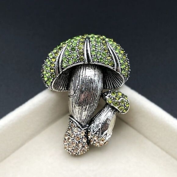 Silver with Emerald and Champagne Topaz Crystal Double Mushroom Pin Back Brooch - Picture 2 of 7